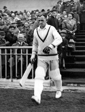 Alec Coxon of Yorkshire Cricket Club coming out to bat at Bramall Lane, late 1940s or 1950s