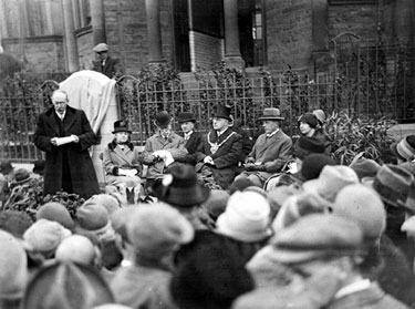 Probably the unveiling of the plaque which commemorates Councillor Crowther and his work for Walkley at Walkley Library, South Road. Lord Mayor, J.G. Graves, seated
