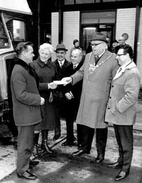 Handing over the old Mobile Library Reg. No. MWA 756 to purchaser by Lord Mayor Alderman Sidney Dyson also pictured Councillor Enid Hattersley and John Bebbington, City Librarian (left of the Lord Mayor)