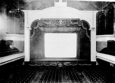 The auditorium in the Albert Hall, Barkers Pool and Burgess Street. Opened 15 December 1873 as a concert hall. Began showing short films on a regular basis and from 17 June 1918 operated as a normal cinema. Destroyed by fire on 14 July 1937