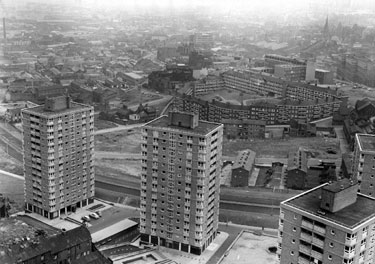 Elevated view showing Netherthorpe Flats looking towards Edward Street Flats and surrounding area
