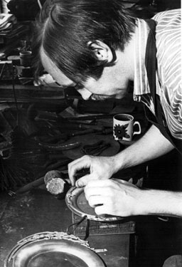 Mounting an edge, Hollow-ware production, Cooper Bros and Sons Ltd., Don Plate Works, 44 Arundel Street, manufacturers of silver, electro plate and stainless cutlery