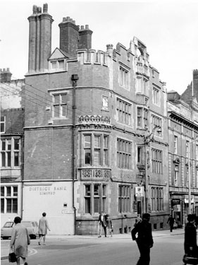 Cairns Chambers, No. 20 Church Street, at junction of Vicar Lane. Premises include District Bank Limited