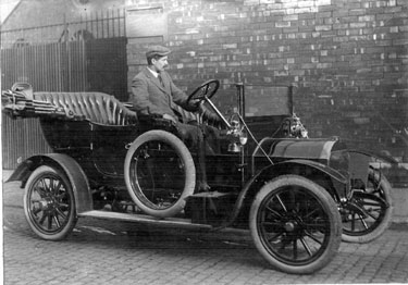G.H. Golightly and Armstrong Whitworth tourer car at Guernsey Road, Heeley. Built by Yorkshire Motor Car Co.