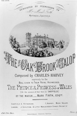 Music sheet for the royal visit of 1875, showing a view of Mark Firth's residence, Oakbrook, Fulwood Road