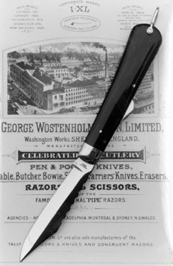 Advertisement and knife by George Wostenholm and Son Ltd., cutlery manufacturers, Washington Works, No. 97 Wellington Street