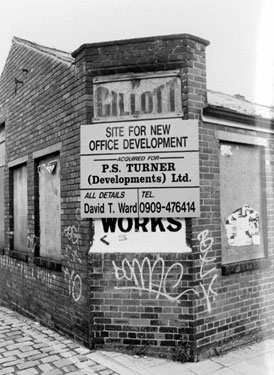 Former premises of Wm. Gillott and Son, pearl cutters, Pearl Works, Nos. 17 - 21 Eyre Lane at junction of Howard Lane (left)