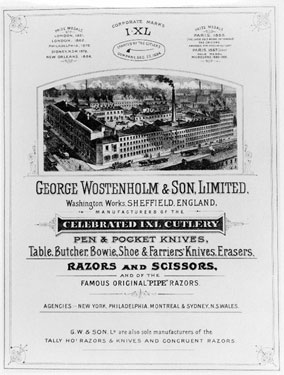Cover from a trade catalogue of George Wostenholm and Son Ltd., Washington Works, No. 97 Wellington Street at junction of Bowdon Street