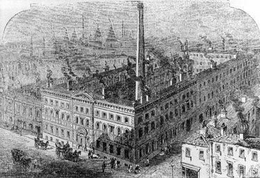 Front view of Joseph Rodgers and Sons Ltd., Norfolk Works, cutlery manufacturers, No. 6 Norfolk Street, foreground, Milk Street, right