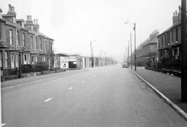 Shoreham Street looking towards the junction of Cherry Street and Sheffield United F.C., Bramall Lane Ground (left)with the bill board advertising the next match against Luton Town