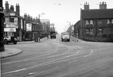 No. 528 Earl of Arundel and Surrey public house (extreme left), Queens Road at the junction with Bramall Lane/Harrington Road and Shoreham Street and St. Wilfred's R. C. Church extreme right
