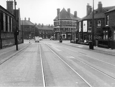 Shoreham Street looking towards the junctions with Queens Road, Myrtle Road and Harrington Road/ Bramall Lane (right) with St. Wilfrid's R.C. Church (left) and Earl of Arundel and Surrey public house (right)