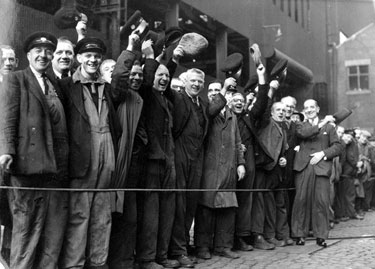 Employees awaiting the visit of Queen Elizabeth II and Prince Philip, Duke of Edinburgh to English Steel Corporation's River Don Works