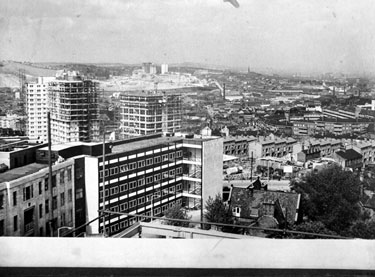 Elevated view of Netherthorpe with Edward Street Flats and St. Vincent RC Church right