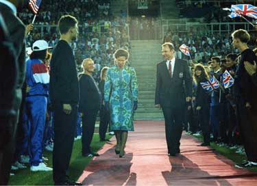 Princess Anne, Patron of the Games and A.D. Lemons, Chairman of British Students Sports Federation at the opening Ceremony, World Student Games, Don Valley Stadium, Attercliffe
