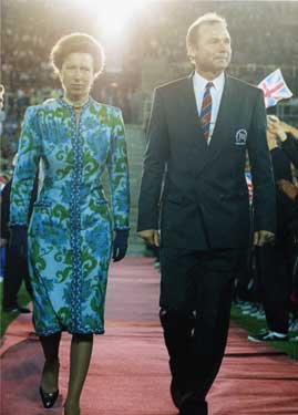 Princess Anne, Patron of the Games and A.D. Lemons, Chairman of British Students Sports Federation at the opening Ceremony, World Student Games, Don Valley Stadium, Attercliffe