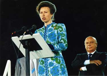 Princess Anne, Patron of the Games making the Opening Speech with Primo Neniolo, President of the F.I.S.U. in the background at the  Opening Ceremony, World Student Games, Don Valley Stadium, Attercliffe