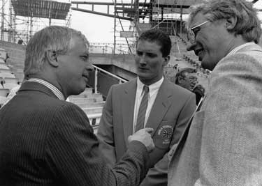 Ray Gridley, Director of World Student Games Secretariat (right) with a representative from the Zagreb World Student Games of 1987 at Don Valley Stadium