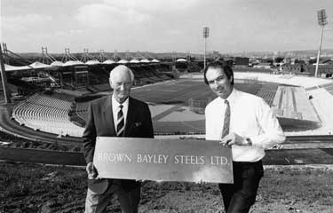 Brown Bayley Steels Ltd. Plaque handover at Don Valley Stadium, built on the site of Brown Bayleys Ltd for the World Student Games