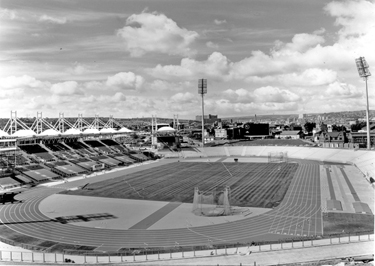Don Valley Stadium newly completed for the World Student Games looking towards Hyde Park Flats in the distance