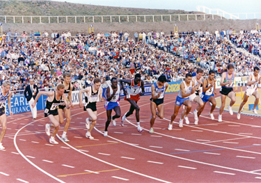 Eventual winner in a UK All Comers Record, No.11, Peter Elliott from Rotherham and second place Steve Cram next to him at the start of  the 1500m at the McVities Challenge, Don Valley Stadium 