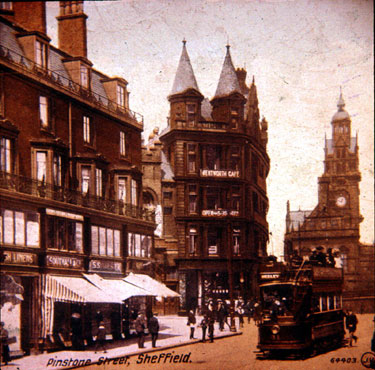 Pinstone Street looking towards Town Hall, premises on left include Nos. 78 and 80 Leonard Beswick, printer (extreme left) and Nos. 60 and 62 Stewart and Stewart, tailors and Sheffield Cafe Co., Wentworth Cafe (turreted building)