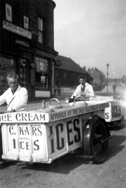 Motorbike Ice Cream Van, showing brothers, Mr Christian H. Kars, left, Mr Theodore Bangert, right