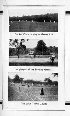 Page from a souvenir booklet by J.G. Graves Ltd., Mail Order Suppliers, showing Graves Park Cricket Pitch, Bowling Green and Tennis Court