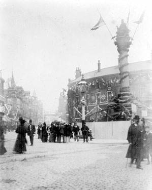 Queen Victoria's visit. Decorations at Crimean Monument, Moorhead. Nelson Hotel in background