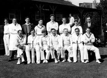 English Steel Corporation cricket team at Birkenhead with Bob Short, captain seated in the middle
