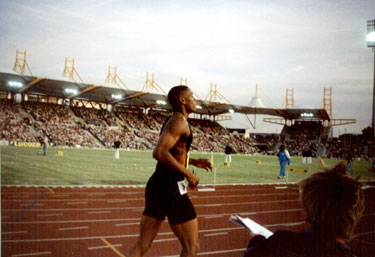 Quincey Watts U.S.A. doing a lap of honour at the International Athletics Meeting, DonValley Stadium