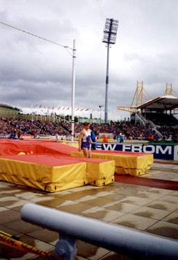 Jean Galfione, France after a successful clearance in the Mens Pole Vault, McDonalds International Athletics Meeting, DonValley Stadium