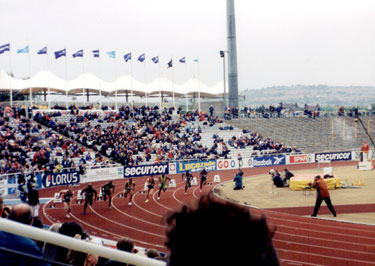 Start of the 150m with Linford Christie in lane 3, Securicor Games, Don Valley Stadium