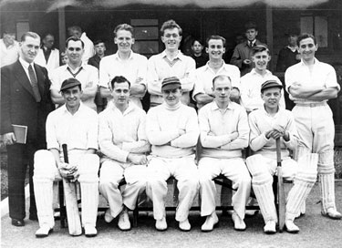 English Steel Corporation, Yorkshire Cricket Council XI, 1950 outside the wooden pavilion used for changing