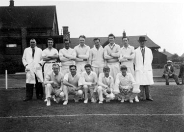 English Steel Corporation cricket team v's Cammell Laird 23rd June 1951 with the pavilion and wooden changing hut behind
