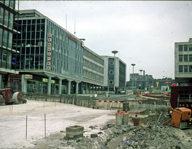Roadworks on Furnival Gate looking towards Charter Square with Redgates, toyshop (left) late 1960's