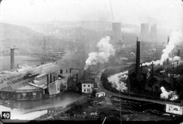 Elevated view of Wardsend Steel and Co., Wardsend Steel Works left and High Bridge Forge right off Penistone Road with Wadsley Forge Dam left 
