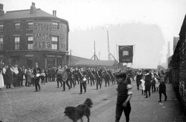 Princess Street Boys Brigade on march, Princess Street at junction of Windsor Street. No 129, Windsor Hotel on corner
