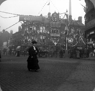 Wicker at junction with Blonk Street decorated for the royal visit of Queen Victoria, No 14, Corner Pin Hotel on corner