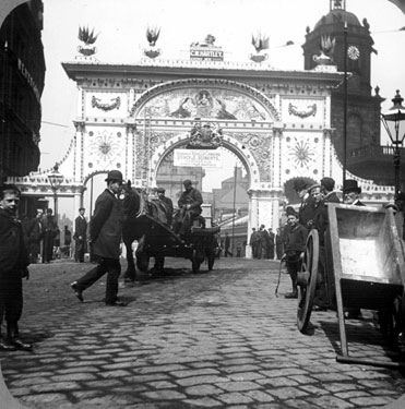 Queen Victoria's visit. Marble arch at Pinstone Street. St. Paul's Church in background