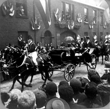 Royal procession, most probably royal visit of Prince and Princess of Wales (later became King Edward VII and Queen Alexandra), passing unidentified street