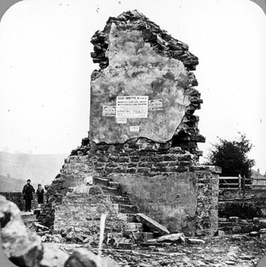 Sheffield Flood, Remains of stable wall at Trickett's Farm belonging to James Trickett, at the junction of Rivers Rivelin and Loxley, household of eleven people washed away and drowned