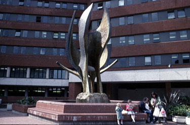 Crucible sculpture fountain by Judith Bluck (unveiled 1979) outside Goverment Offices, The Moor
