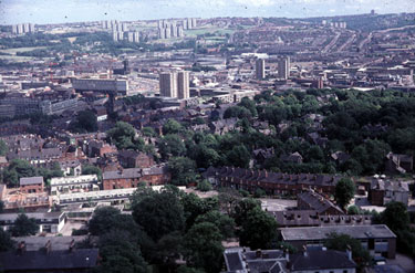 Sheffield from the top of the Hallamshire Hospital. Broomhall area in foreground, looking towards Highfield and St. Mary's area
