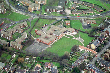 Aerial view of St. Catherine's RC First and Middle School, Shirecliffe. Firshill Crescent in background. Roe Lane, right