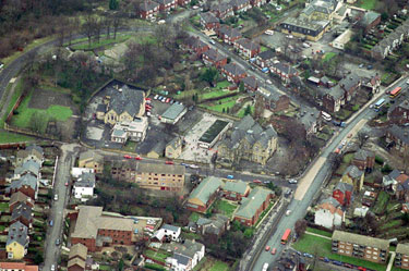Firs Hill Junior and Infant School, Orphanage Road. Barnsley Road, right, Roe Lane, left. Firshill Crescent and Firshill Avenue in background