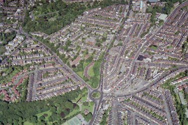 Aerial view of Endcliffe, Broomhall and Nether Edge area. Prominent roads include Brocco Bank, left. Ecclesall Road, centre. Sharrow Vale Road and Junction Road (including Hunters Bar School), right