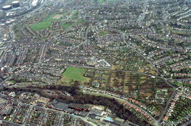 Aerial view of Walkley area. Holme Lane and Watersmeet Road in foreground. Morley Street including Rivelin Primary School, centre. Walkley Bank, right. Walkley Lane, left