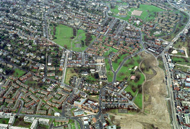 Aerial view of Kelvin and Upperthorpe area. Infirmary Road and site of Kelvin Flats, right. Upperthorpe First and Middle School, Blake Street and Birkendale Road, centre. Upperthorpe Baths, Addy Street, Daniel Hill and Upperthorpe, foreground.