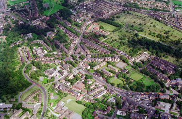 Aerial view of Shirecliffe/Pitsmoor area. Prominent roads include Firshill Crescent, left. Barnsley Road leading to Burngreave Road and Pitsmoor Road, centre. Scott Road and Burngreave Cemetery in background
